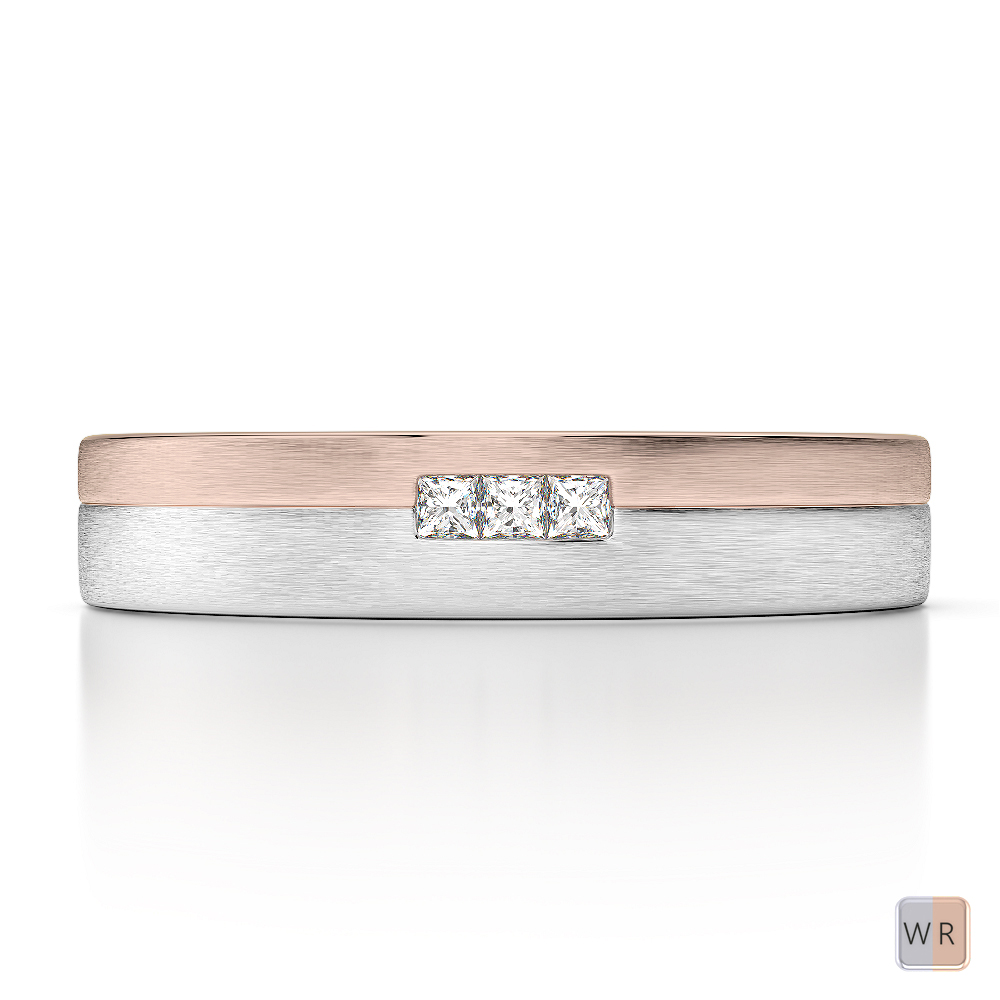 5 MM Princess Cut Three Stone Mens Diamond Wedding Ring in White and Rose Gold 0112