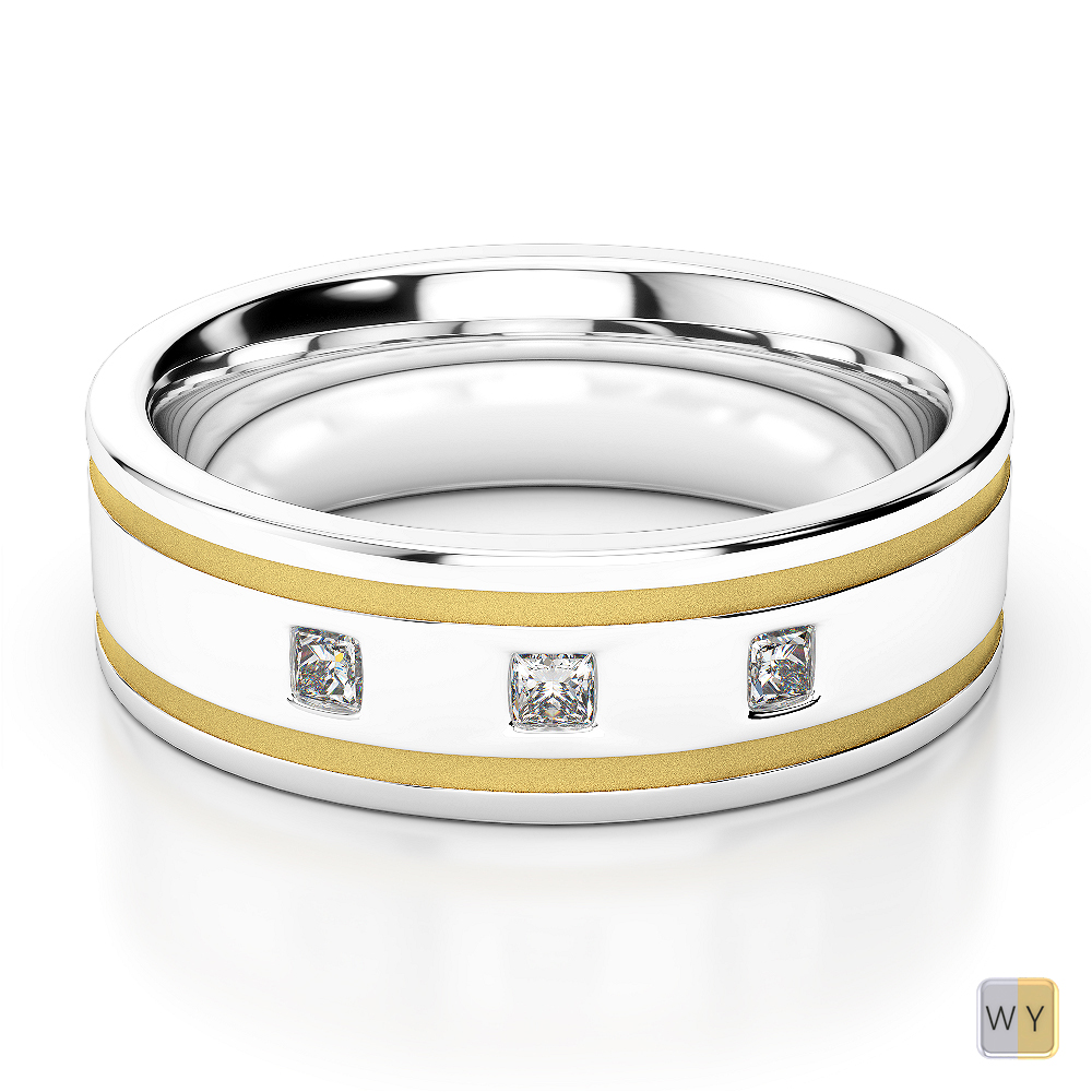 Two Tone Princess Cut Mens Diamond Wedding Ring in Gold 0128