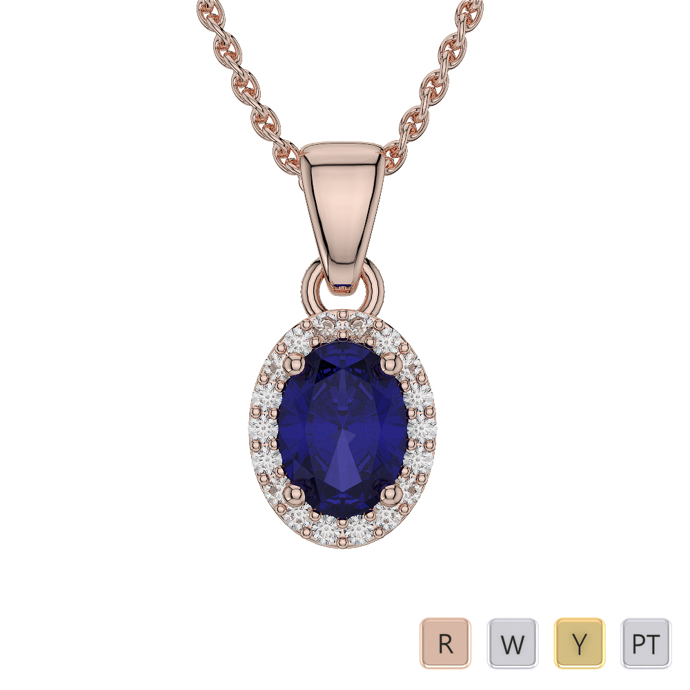 Oval Shape Blue Sapphire & Round Cut Diamond Necklaces 0570