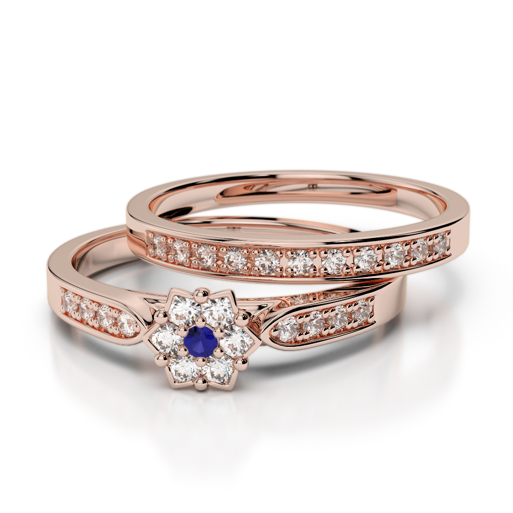 Round Cut Blue Sapphire and Diamond Bridal Set Ring 0290