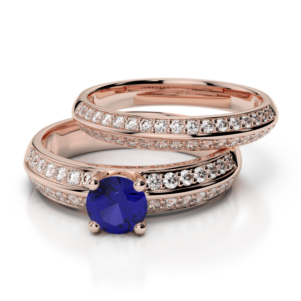 Round Cut Blue Sapphire Bridal Set Ring With Diamond 0311