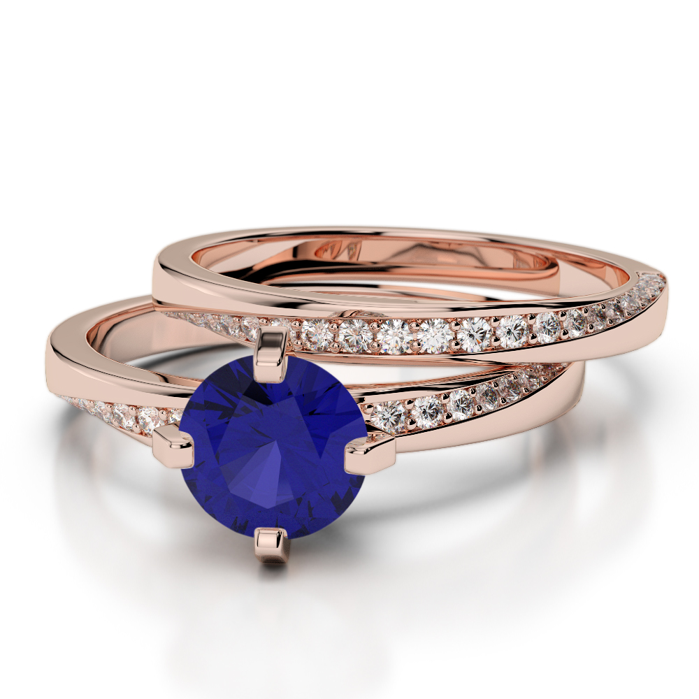 Four Prong Set Blue Sapphire Bridal Set Ring With Diamond 0324
