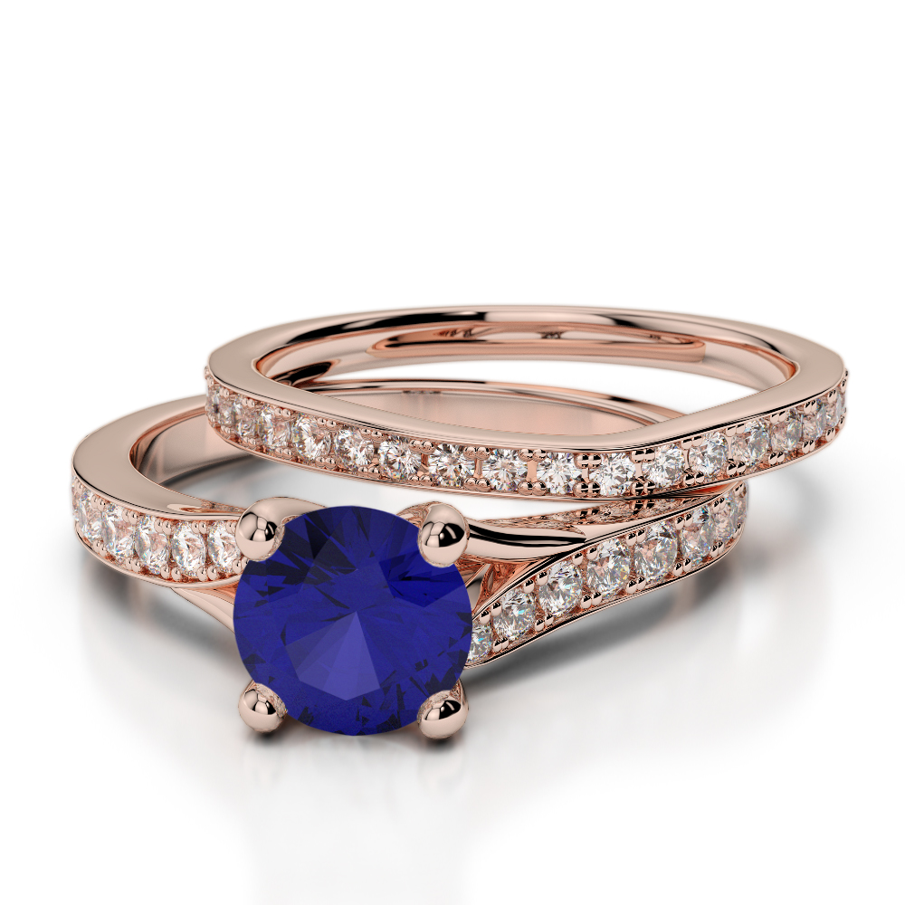 Round Cut Diamond & Blue Sapphire Bridal Set Ring 0329