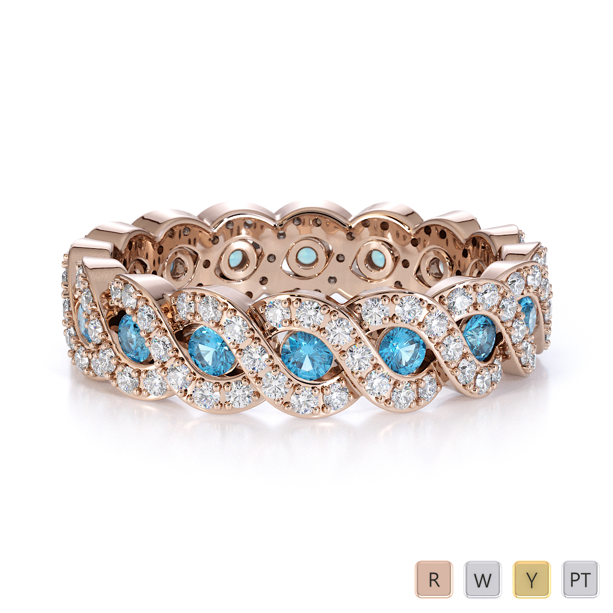 Channel Set Blue Topaz & Prong Set Diamond Full Eternity Ring 0456