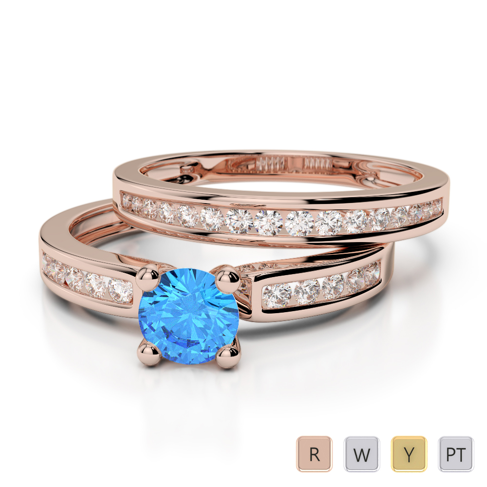 Channel Diamond & Prong Set Blue Topaz Bridal Set Ring 0312