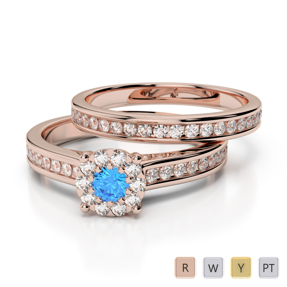 Channel Set Diamond & Prong Set Blue Topaz Bridal Set Ring 0323