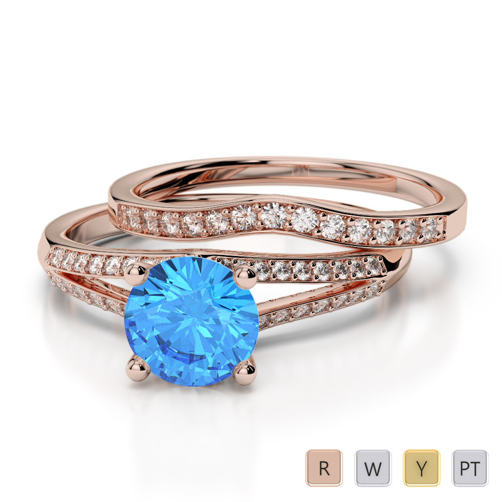 Four Claw Set Blue Topaz Bridal Set Ring With Diamond 0342