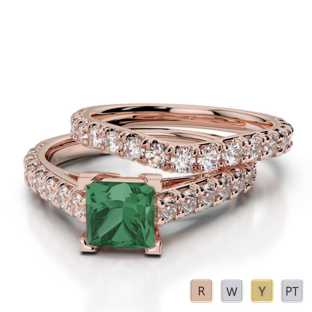 Princess Cut Emerald & Round Diamond Bridal Set Ring 0327
