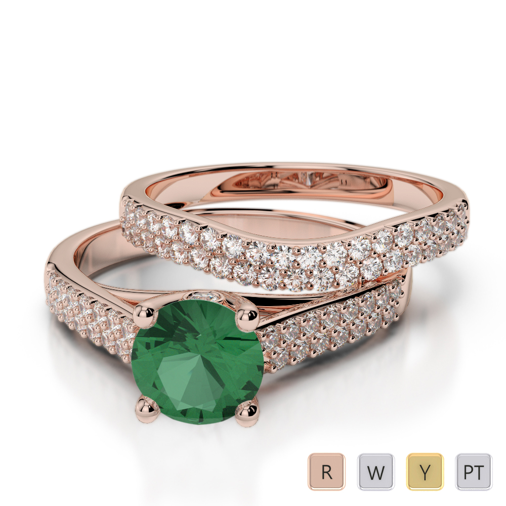 Double Row Prong Set Bridal Set Ring With Diamond & Emerald 0346