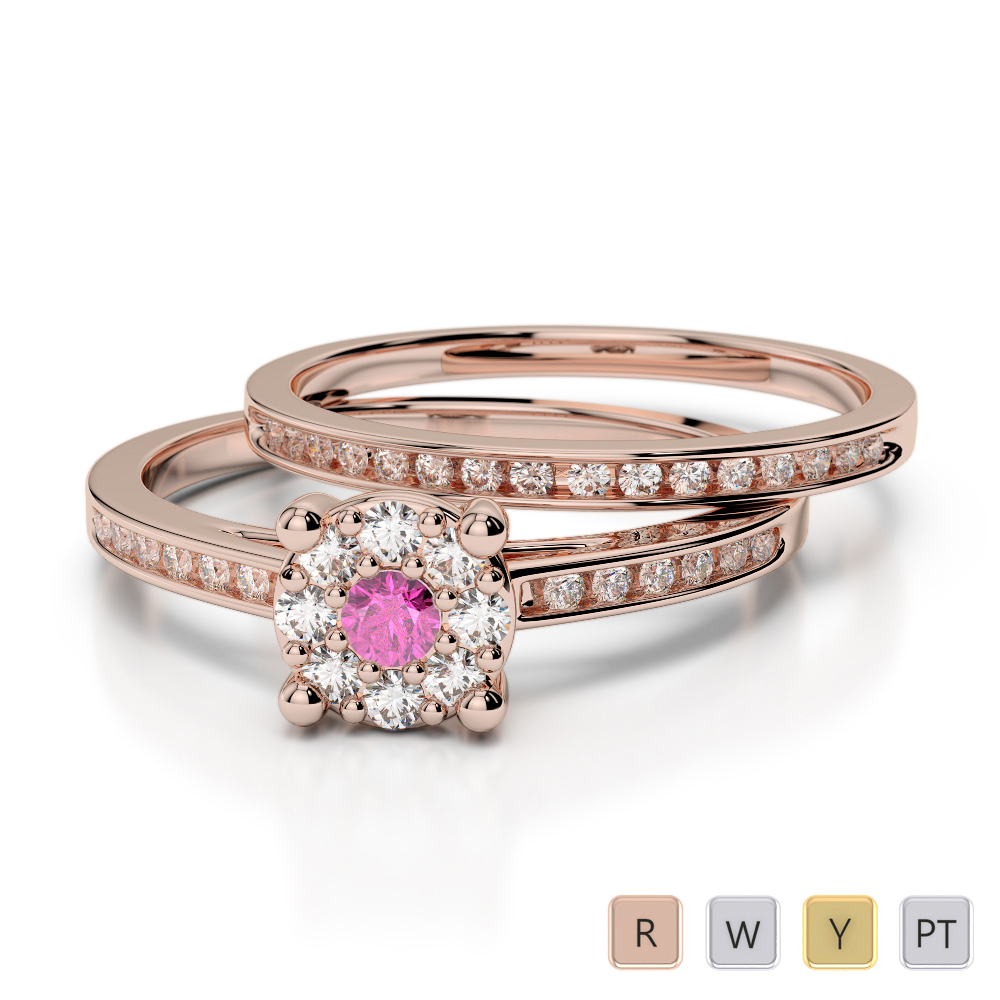 Channel Set Diamond & Prong Set Pink Sapphire Bridal Set Ring 0291