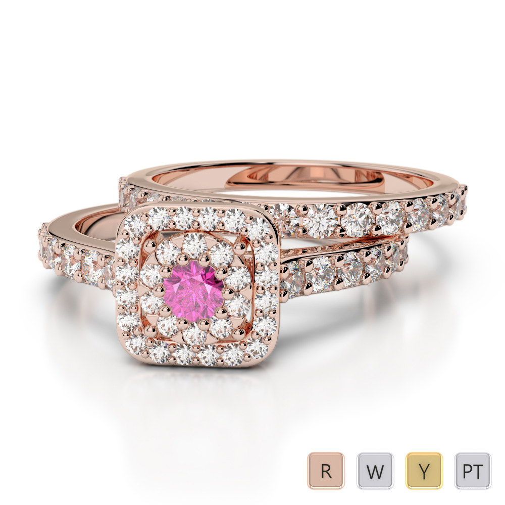 Round Cut Pink Sapphire and Diamond Bridal Set Ring 0322