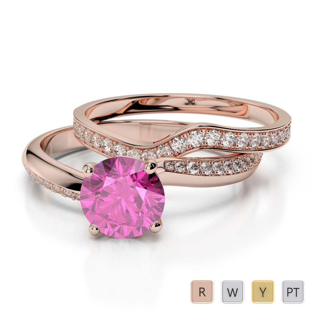 Four Prong Set Pink Sapphire & Diamond Bridal Set Ring 0332