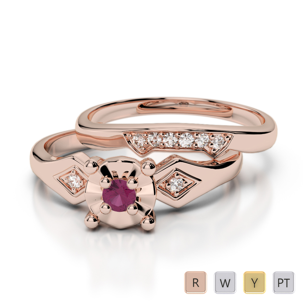 9 Stone Round Cut Ruby and Diamond Bridal Set Ring 0297