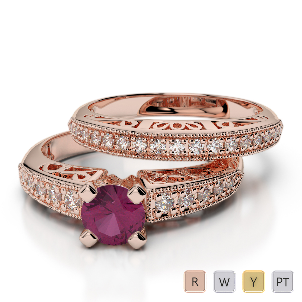 Milgrain Prong Set Diamond and Ruby Bridal Set Ring 0315