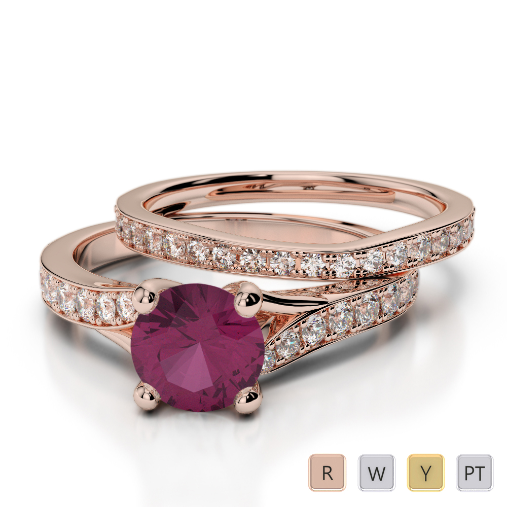 Round Cut Diamond & Ruby Bridal Set Ring 0329