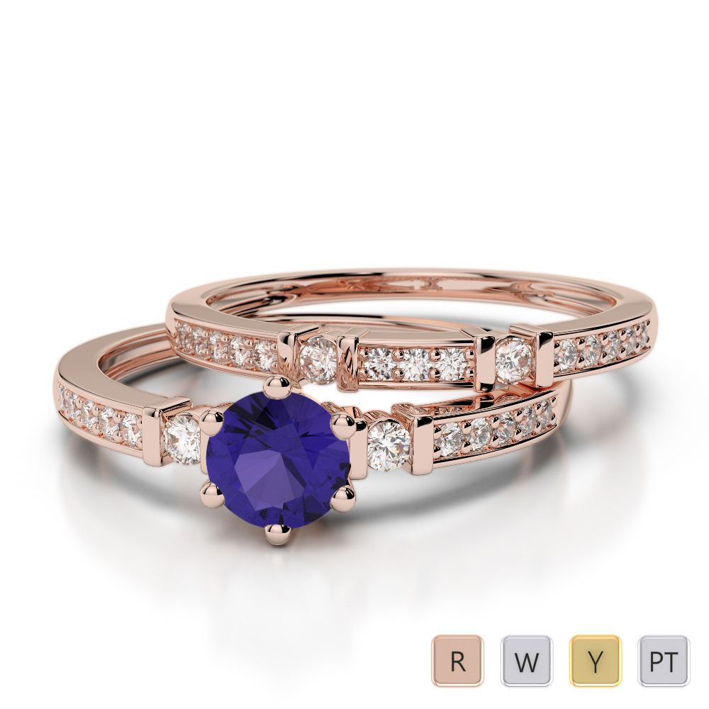Bar and Prong Set Tanzanite & Diamond Bridal Set Ring 0305
