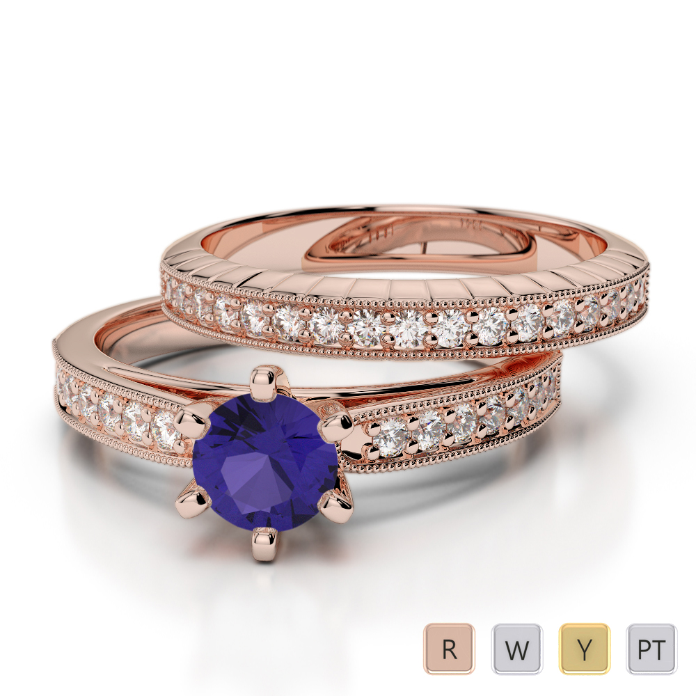Milgrain Round Cut Tanzanite & Diamond Bridal Set Ring 0309