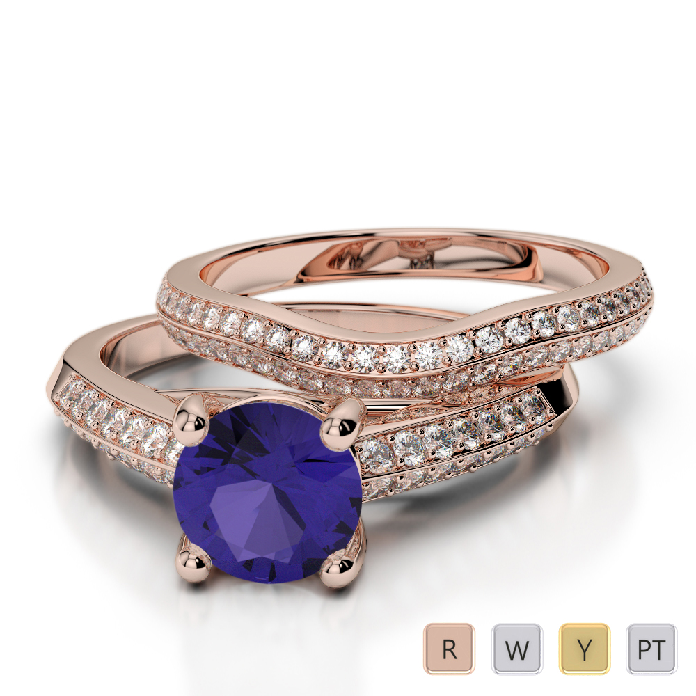 Double Row Round Cut Bridal Set Ring With Tanzanite and Diamond 0345