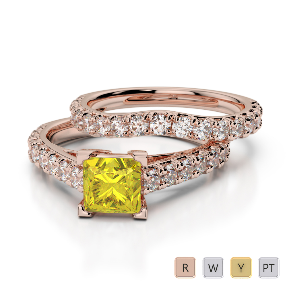 Princess Cut Yellow Sapphire & Round Diamond Bridal Set Ring 0327