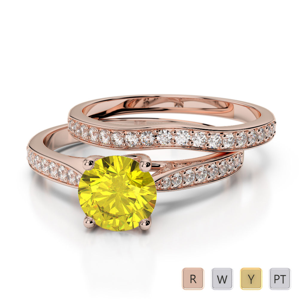 Round Cut Bridal Set Ring With Yellow Sapphire and Diamond 0350