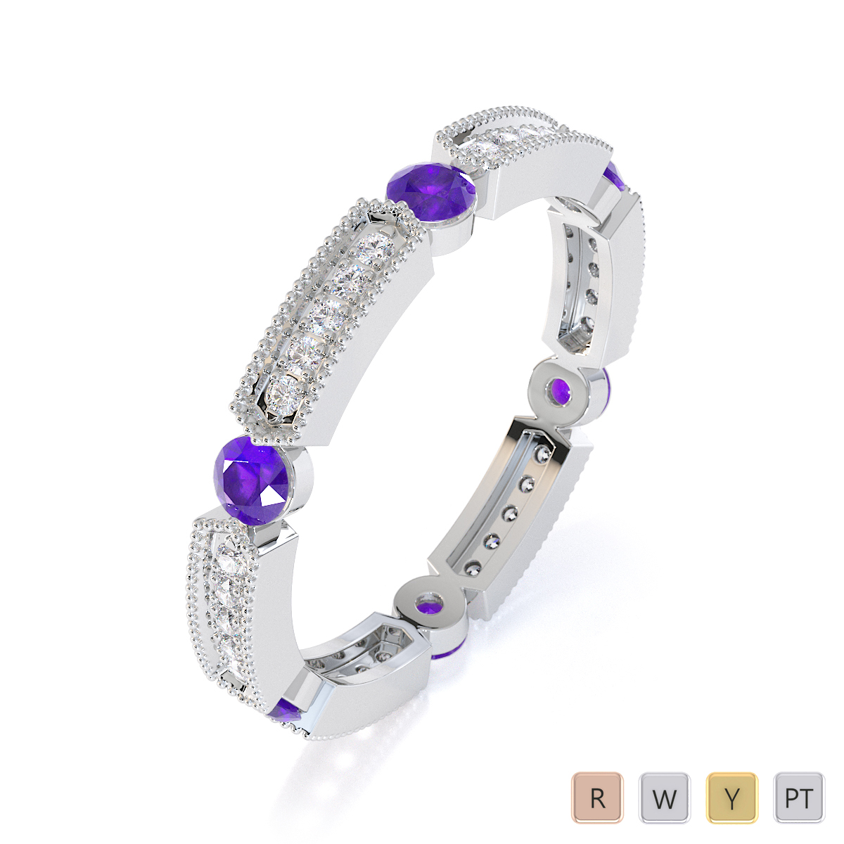 Milgrain Prong Set Diamond & Bezel Set Amethyst Full Eternity Ring 0424