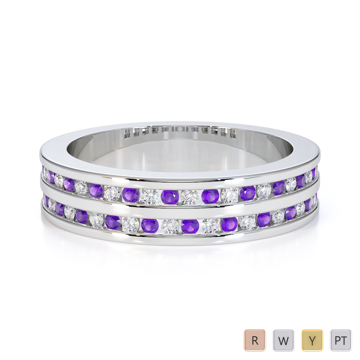 Channel Set Diamond and Amethyst Half Eternity Ring 0427