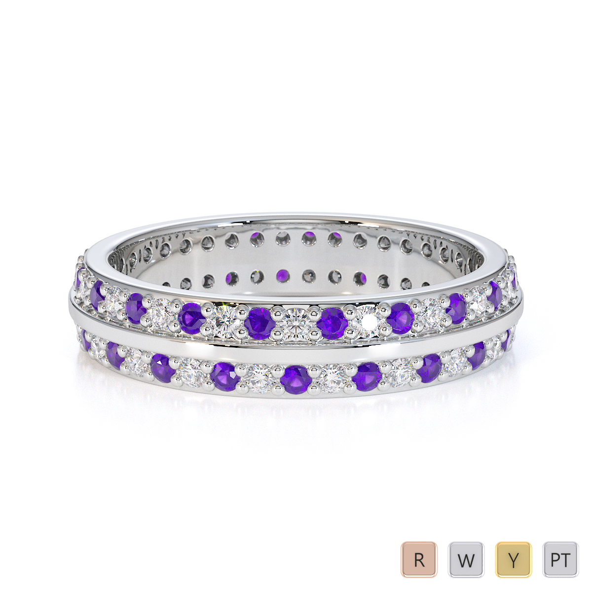 Double Row Round Cut Diamond and Amethyst Full Eternity Ring 0428