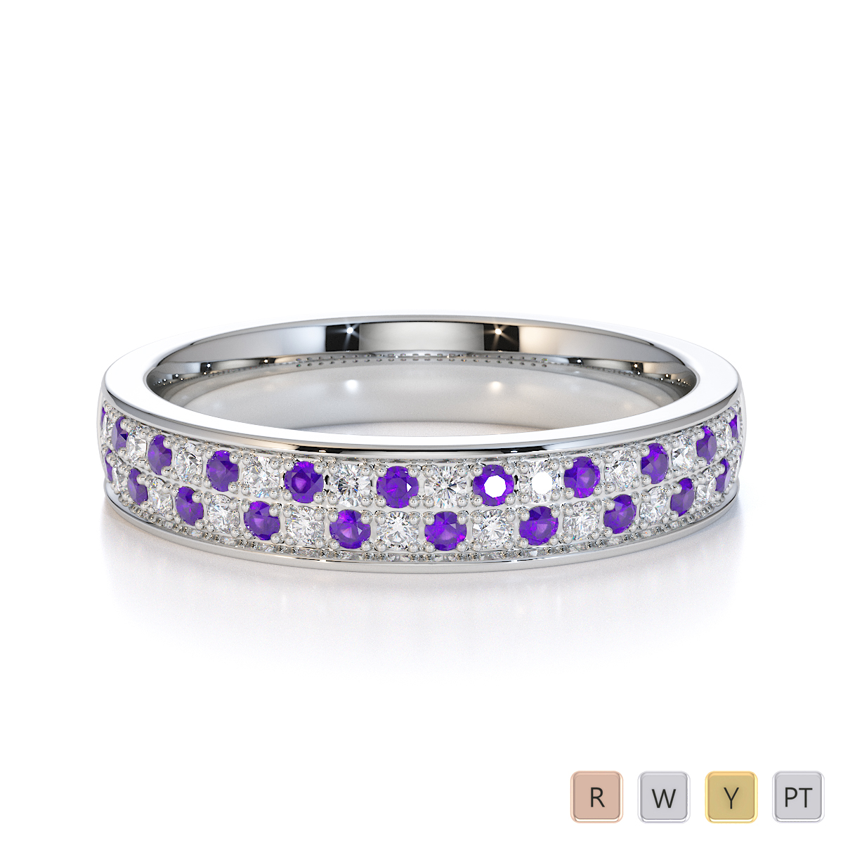 Double Row Round Cut Diamond & Amethyst Half Eternity Ring 0431