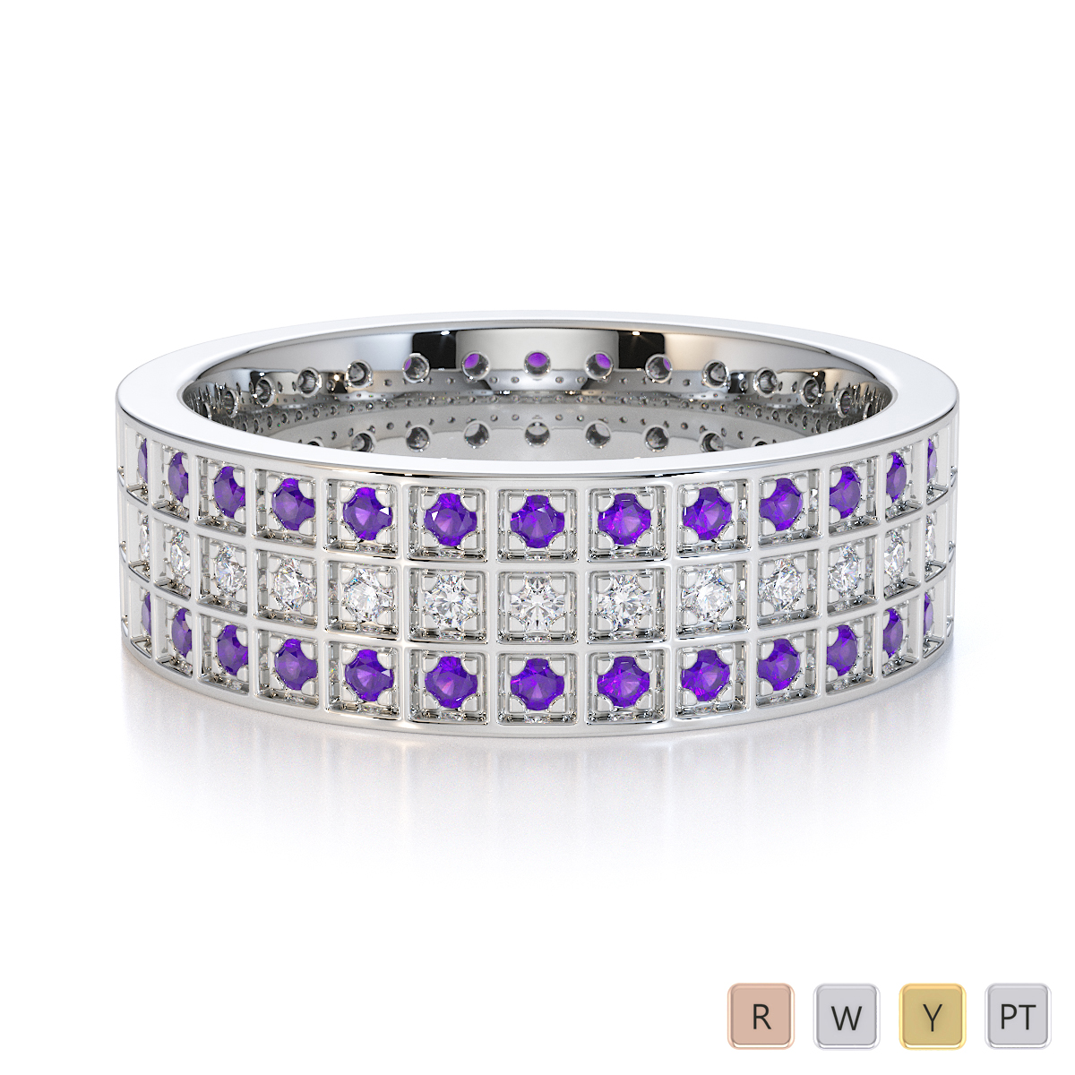 3 Row Claw Set Diamond and Amethyst Full Eternity Ring 0436