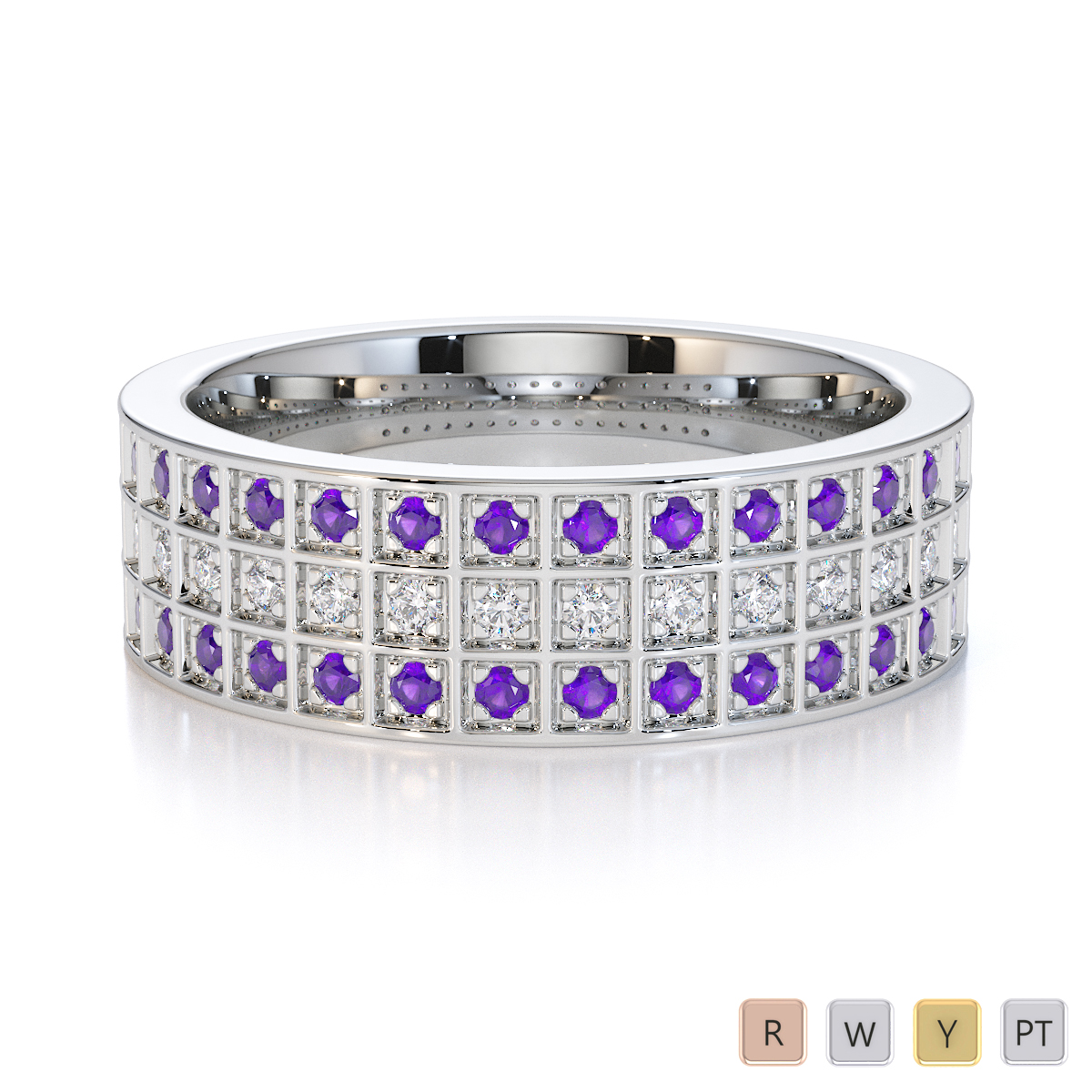 Three Row Claw Set Amethyst Half Eternity Ring With Diamond 0437
