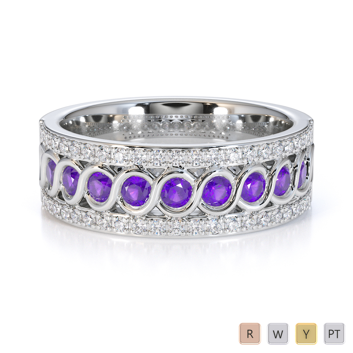 Bezel Set Amethyst and Prong Set Diamond Half Eternity Ring 0449