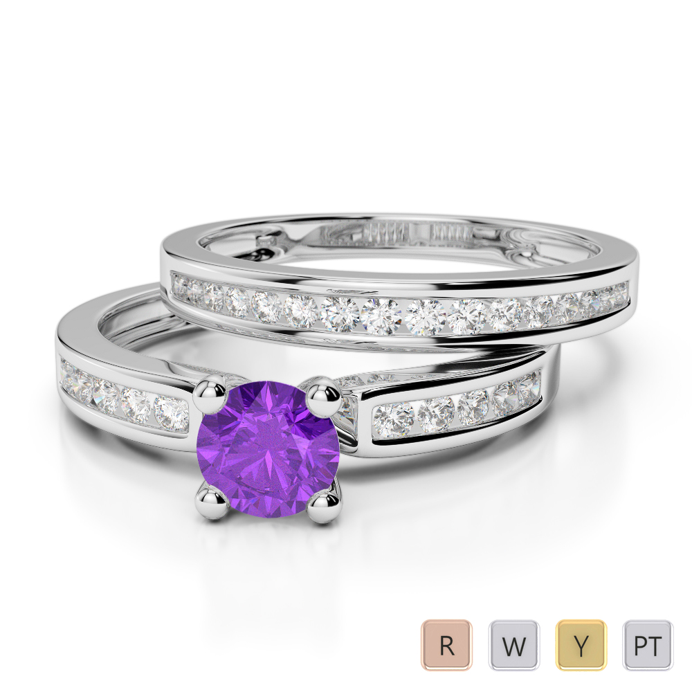 Channel Diamond & Prong Set Amethyst Bridal Set Ring 0312