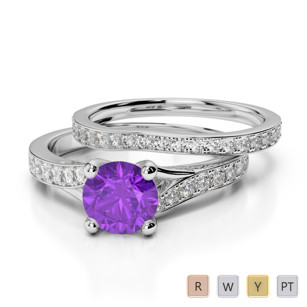 Round Cut Diamond & Amethyst Bridal Set Ring 0329