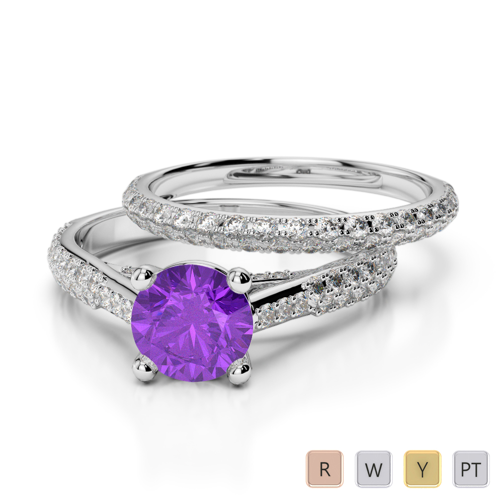 Prong Set Diamond and Amethyst Bridal Set Ring 0330