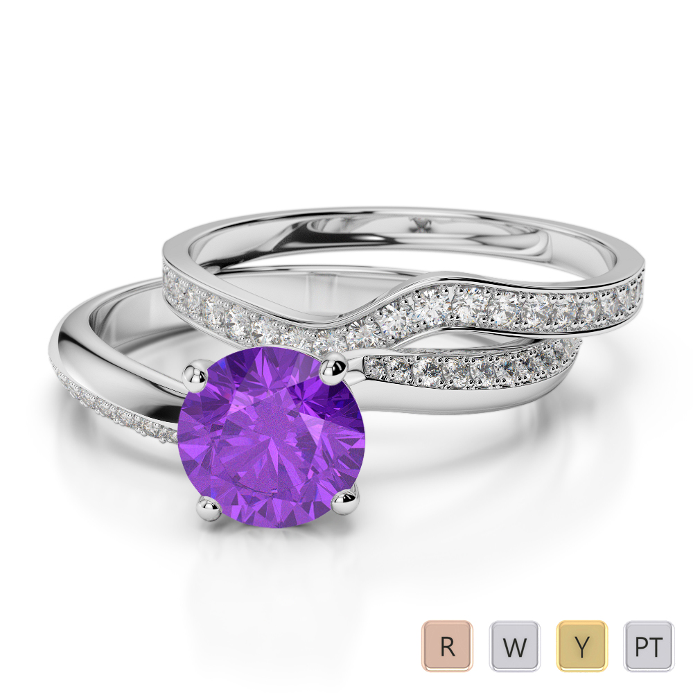 Four Prong Set Amethyst & Diamond Bridal Set Ring 0332