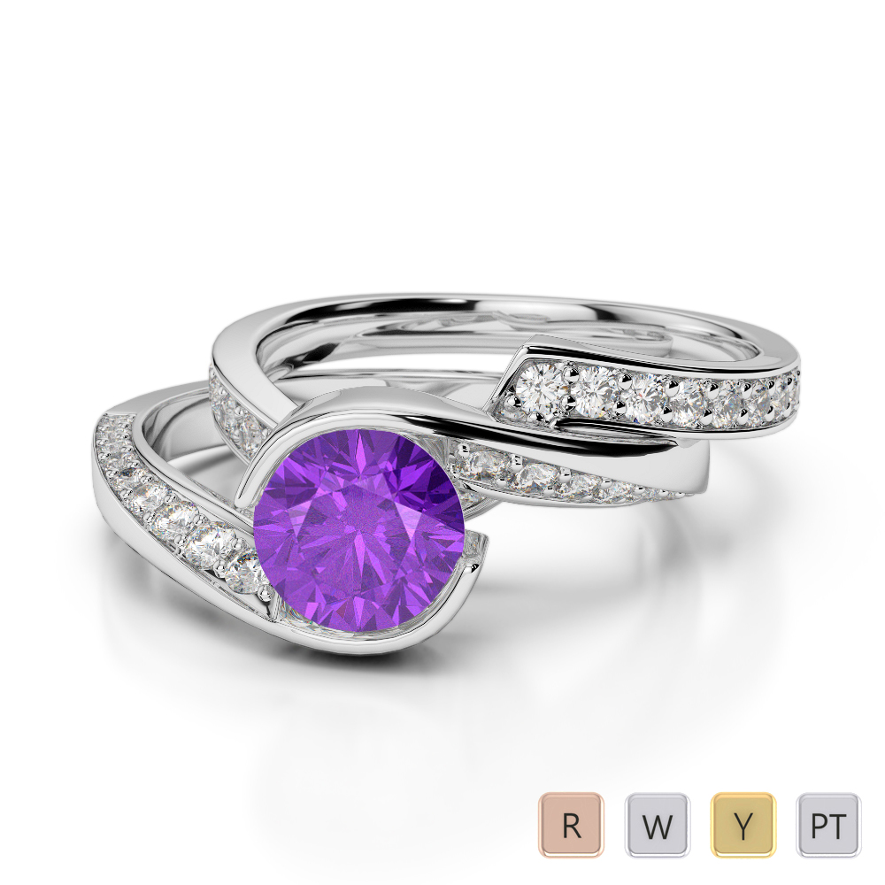 Bezel Set Amethyst and Prong Set Diamond Bridal Set Ring 0333
