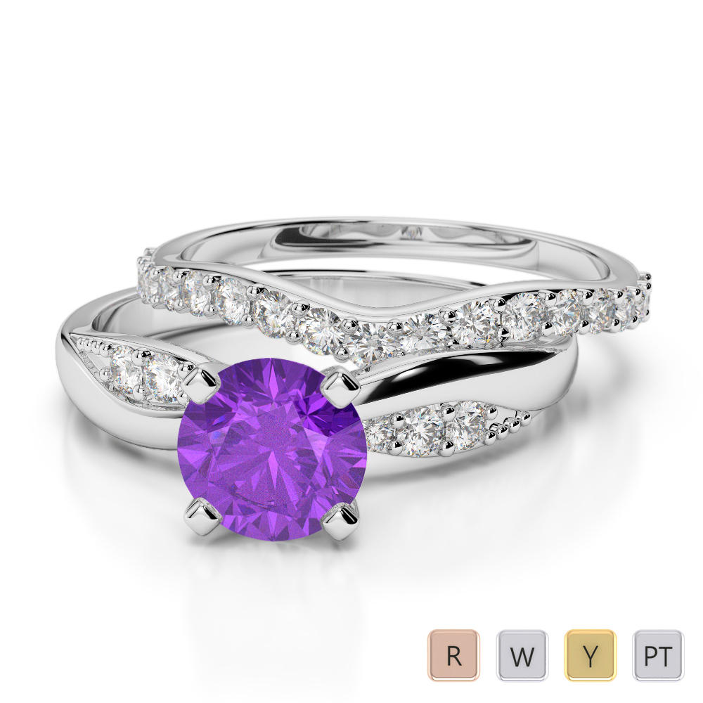 4 Prong Set Amethyst & Diamond Bridal Set Ring 0335