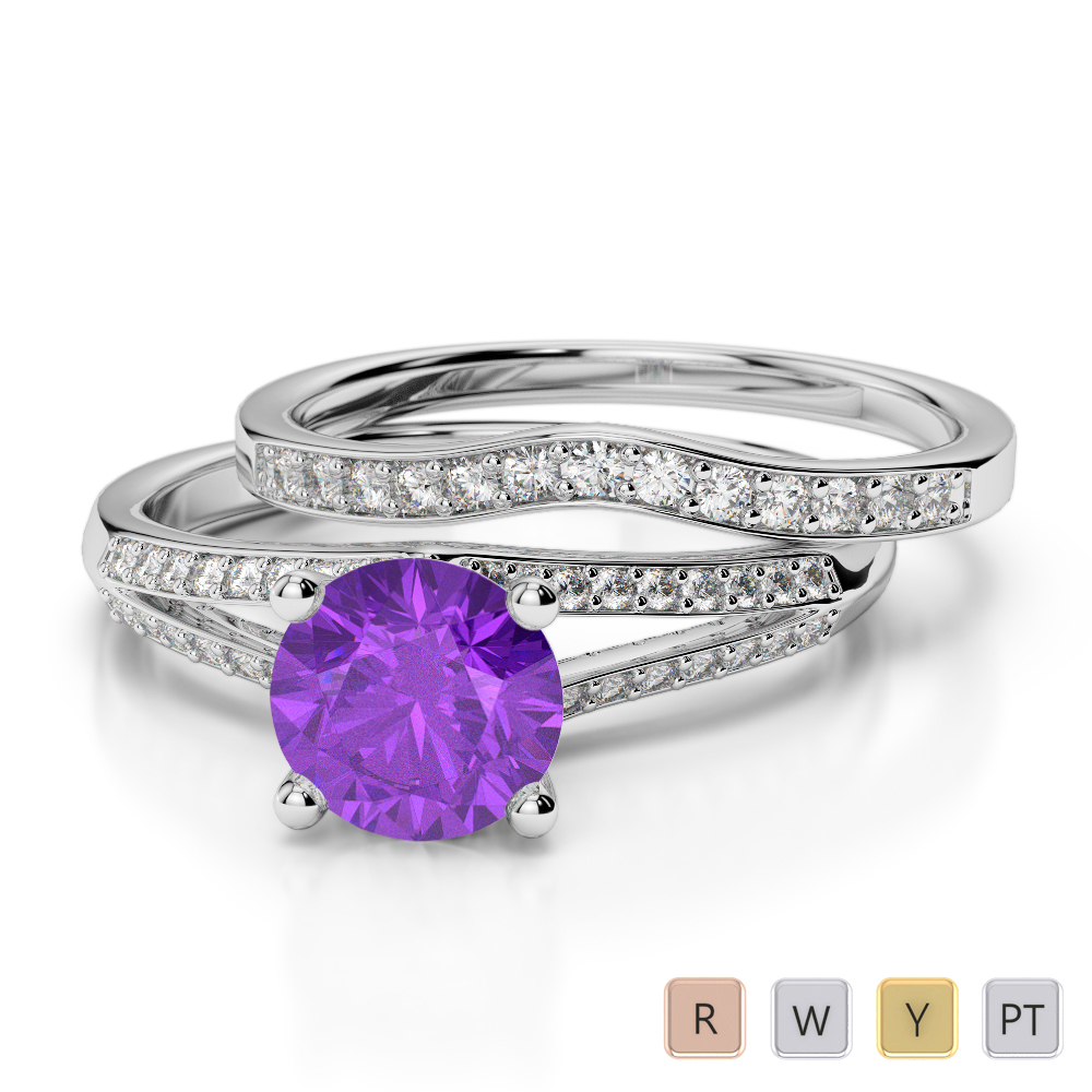 Four Claw Set Amethyst Bridal Set Ring With Diamond 0342