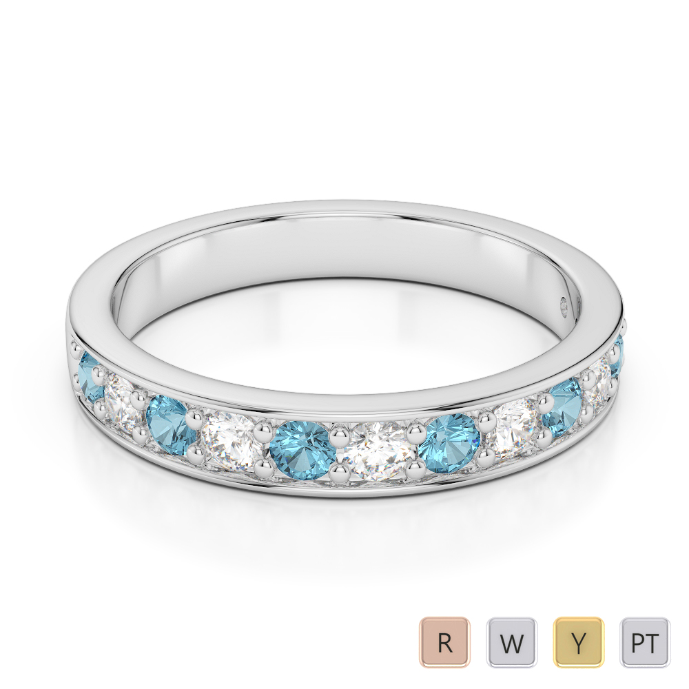 3MM Round Cut Diamond and Aquamarine Half Eternity Ring 0362