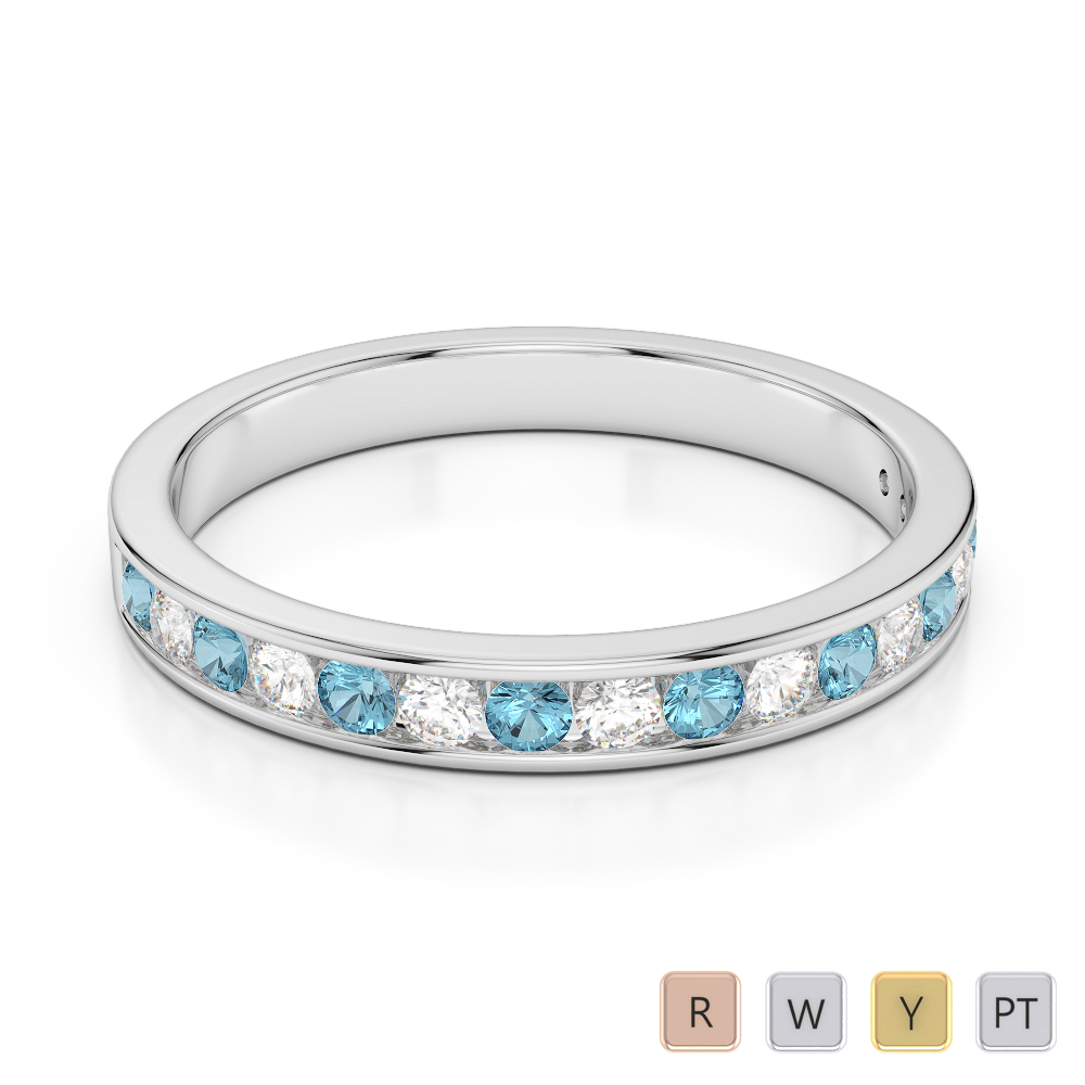 3MM Channel Set Aquamarine and Diamond Half Eternity Ring 0368