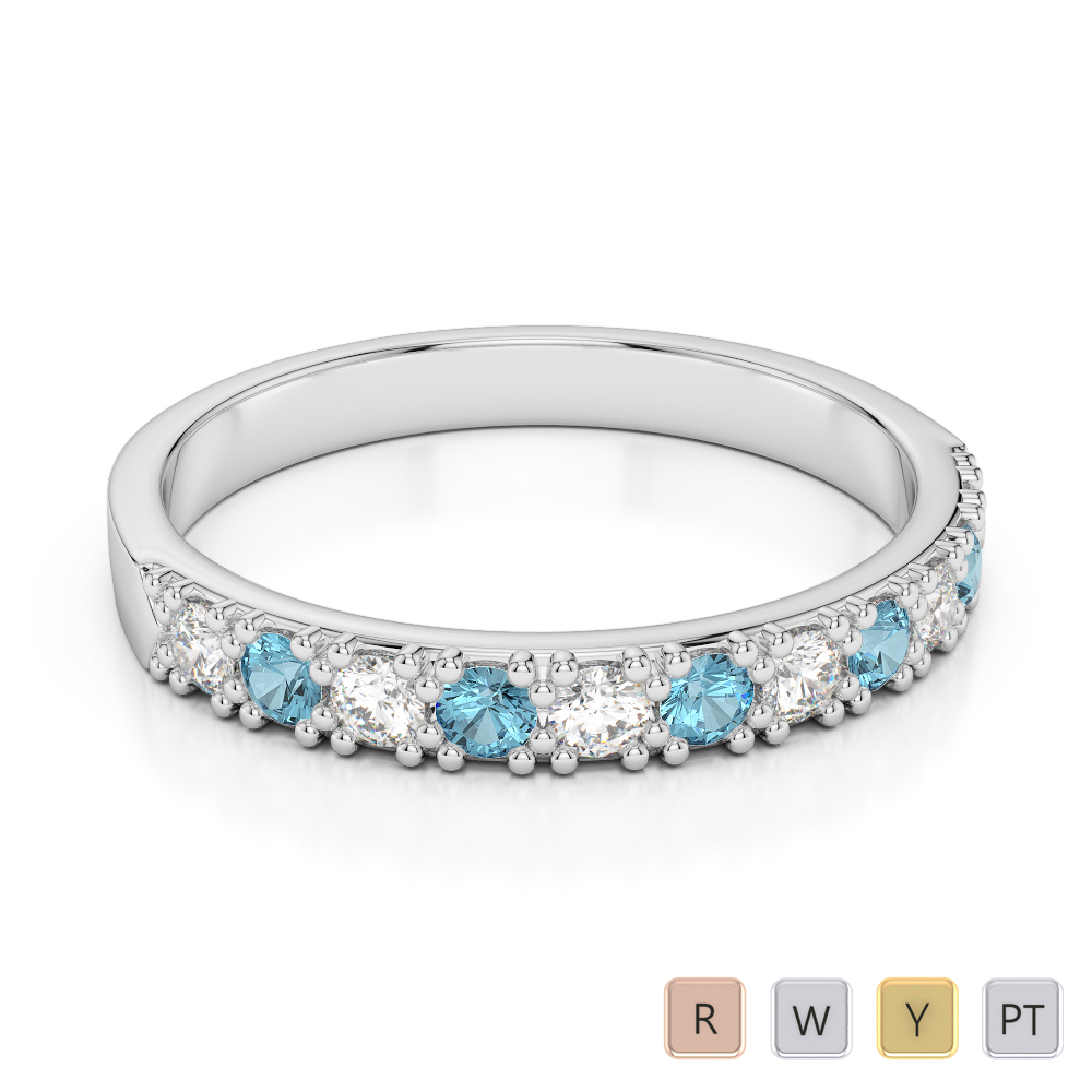3 MM Round Cut Diamond & Aquamarine Half Eternity Ring 0408