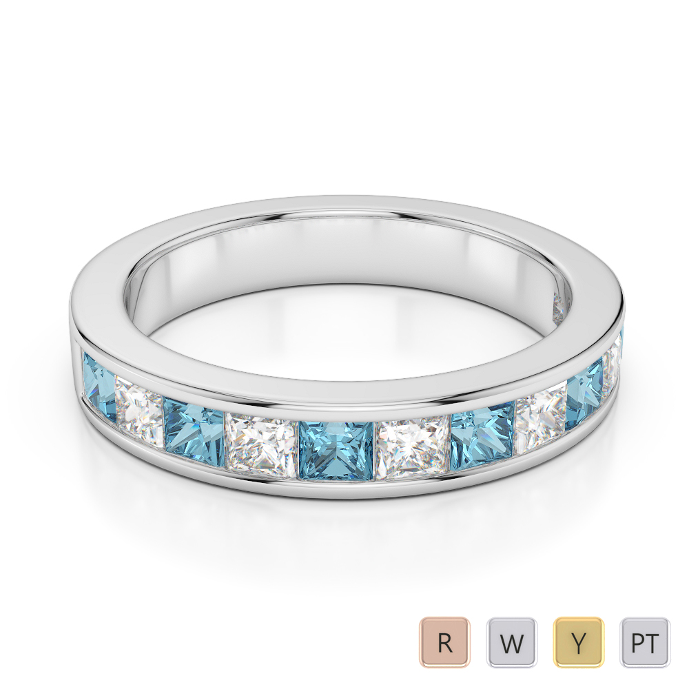 4 MM Princess Cut Aquamarine Half Eternity Ring With Diamond 0415