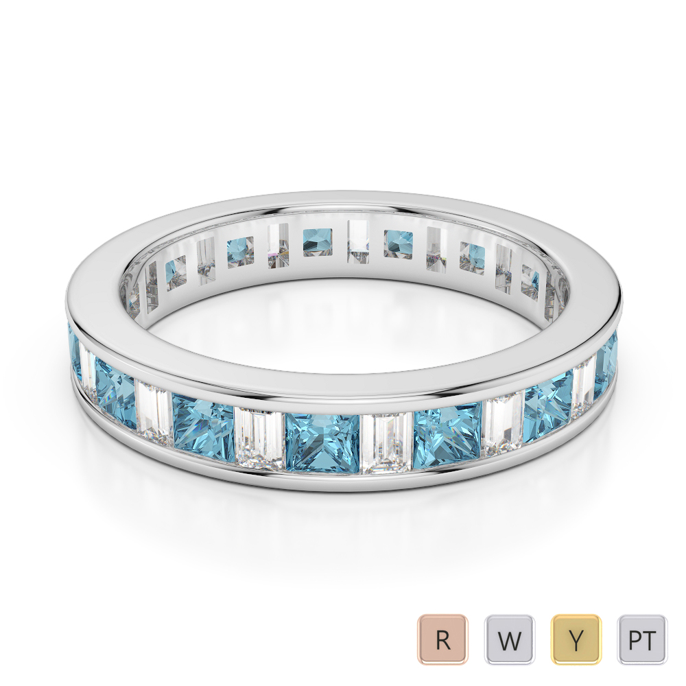 4 MM Princess Aquamarine & Baguette Cut Diamond Full Eternity Ring 0419