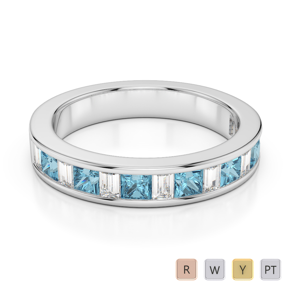 4 MM Princess Aquamarine & Baguette Cut Diamond Half Eternity Ring 0421
