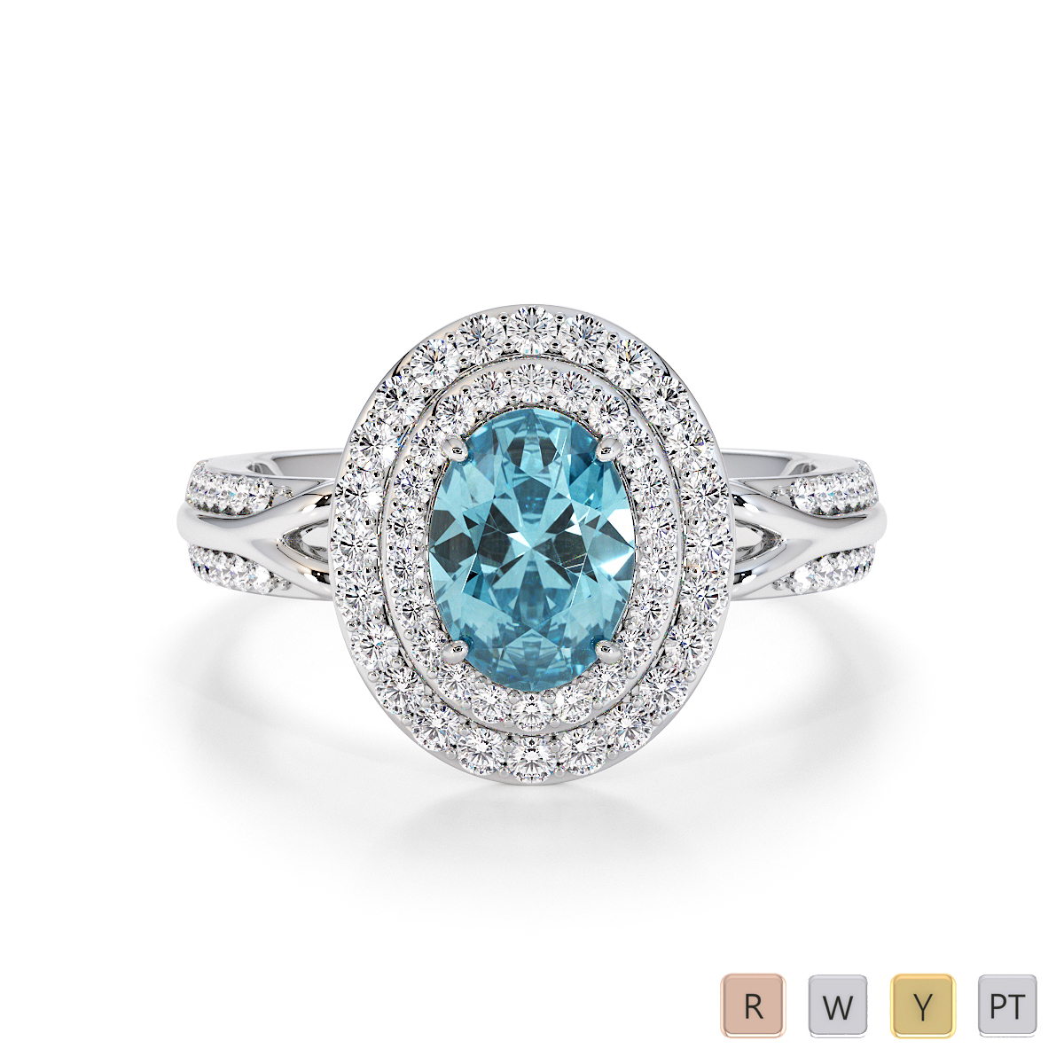 Round Cut Diamond & Oval Shape Aquamarine Engagement Ring 0778