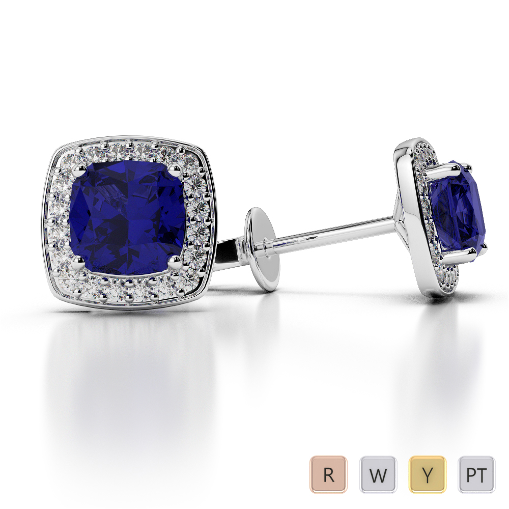 Cushion Shape Blue Sapphire and Diamond Earrings 0466