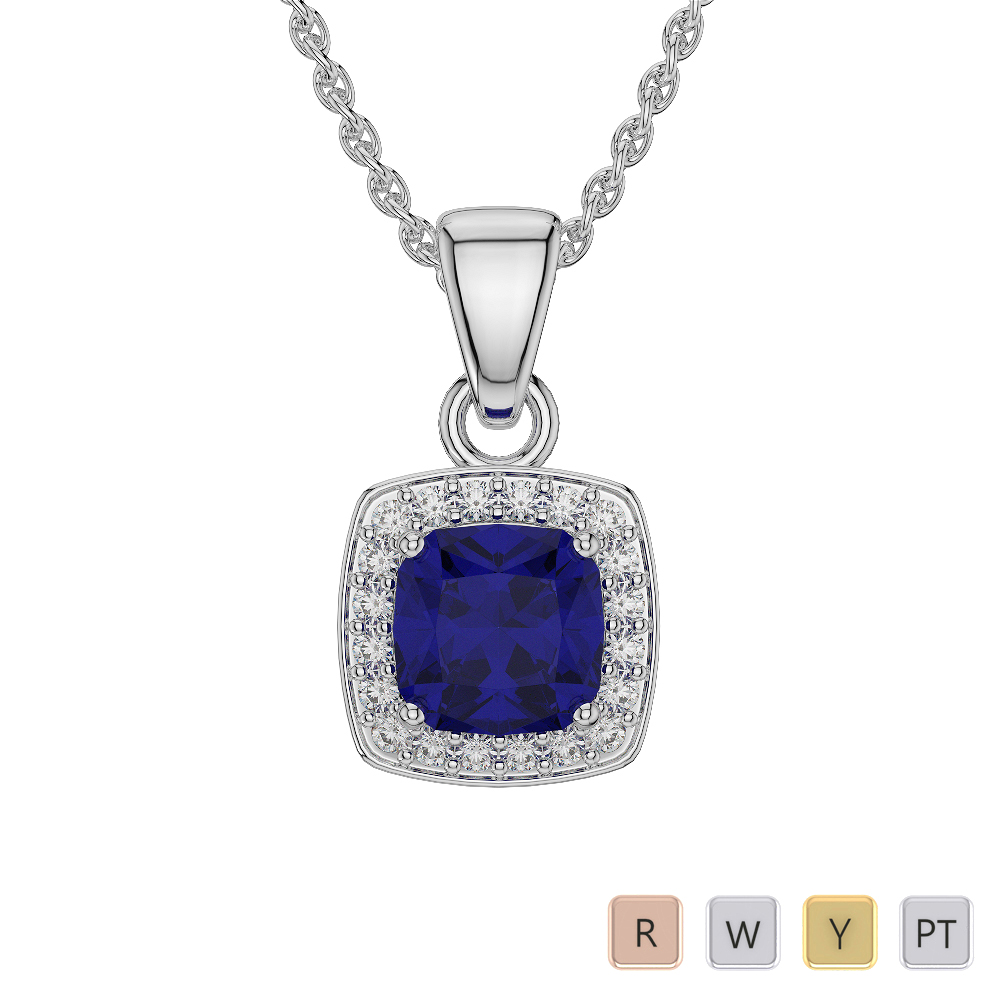 Cushion Shape Blue Sapphire and Diamond Necklaces 0559