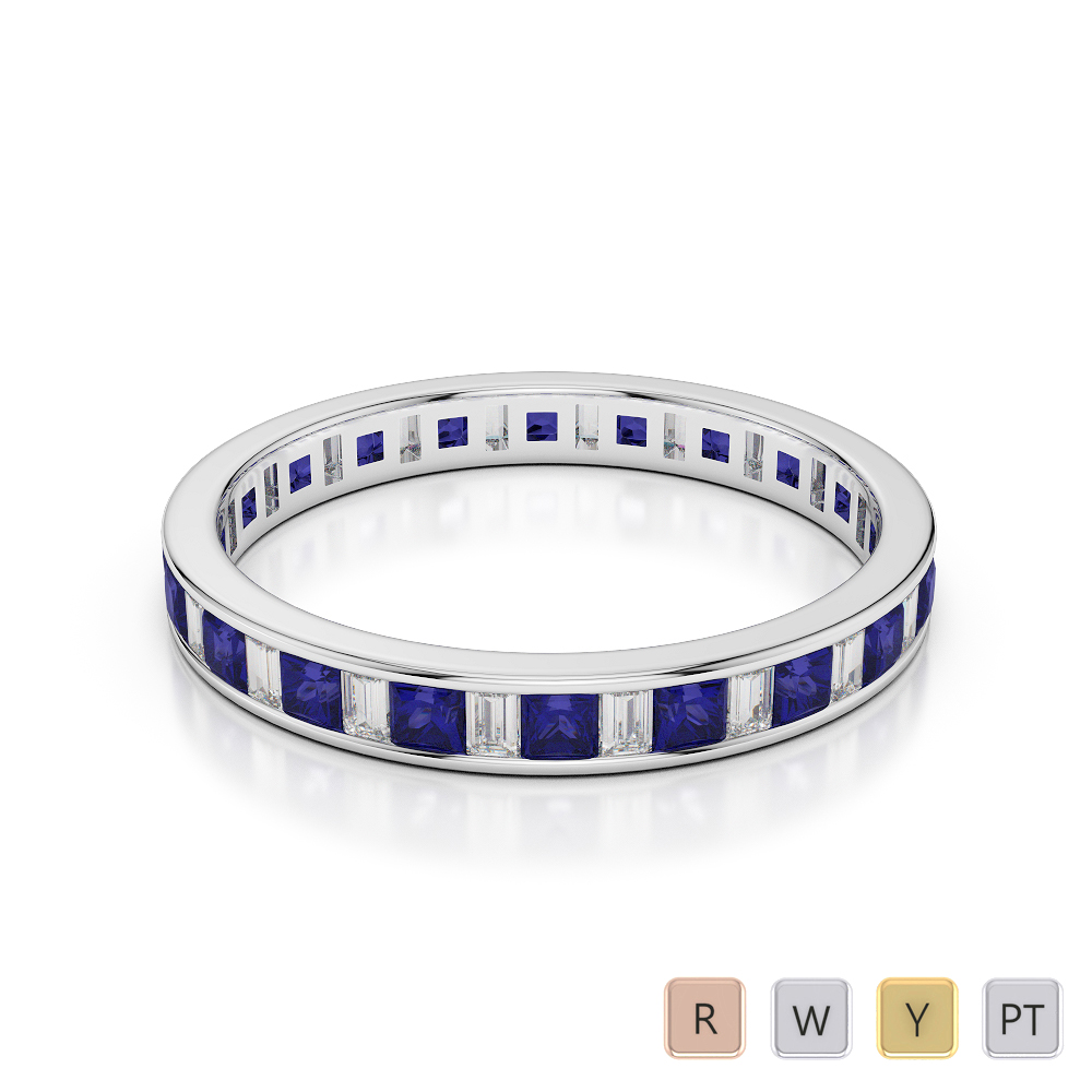 3 MM Princess Blue Sapphire & Baguette Cut Diamond Full Eternity Ring 0418