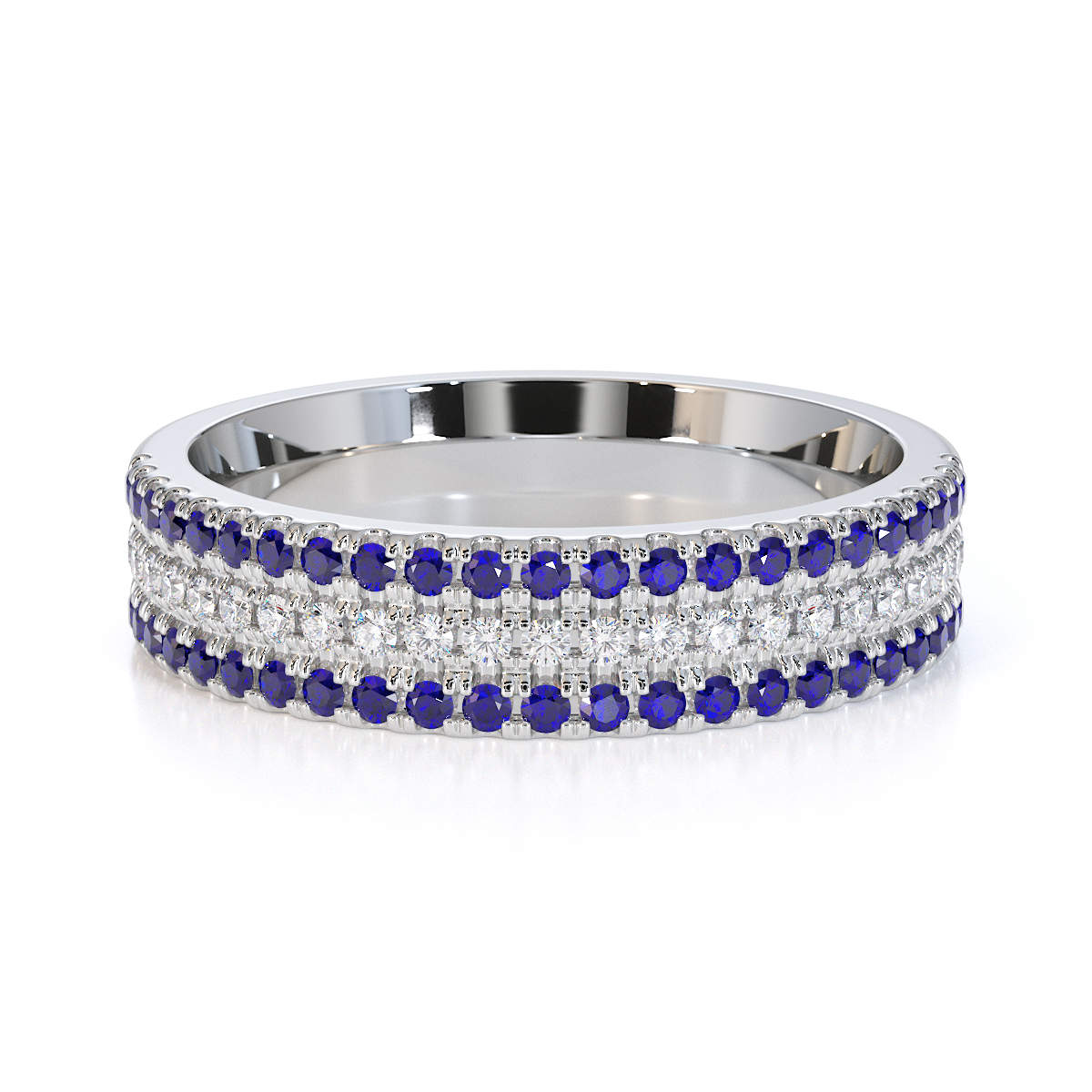3 Row Prong Set Diamond Half Eternity Ring With Blue Sapphire 0443