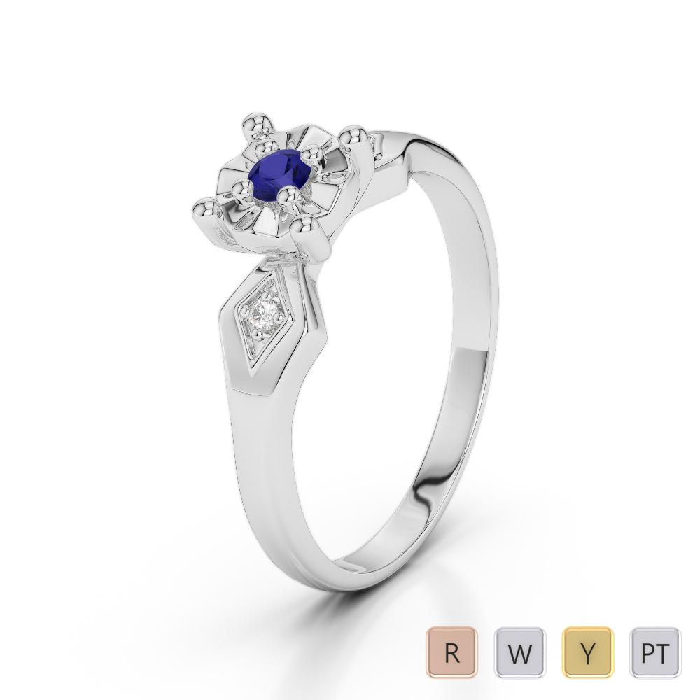 Three Stone Diamond and Blue Sapphire Engagement Ring 0231